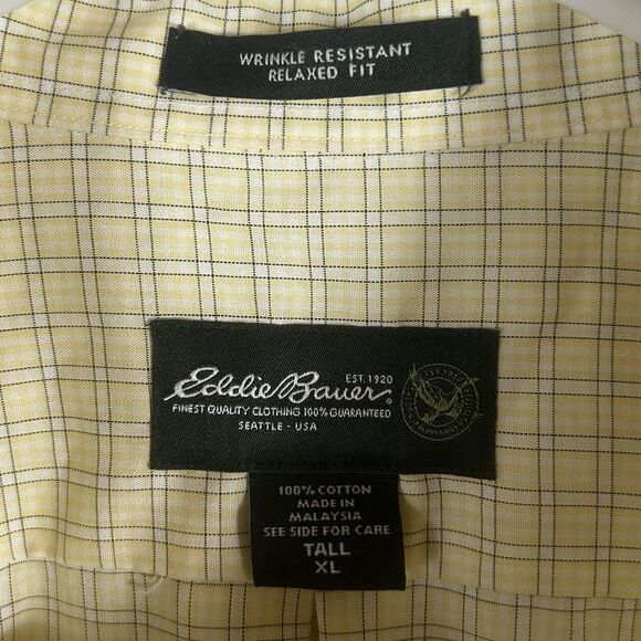 Eddie Bauer Button Down Shirt XL Tall Yellow Plaid Long Sleeve Relaxed Fit XLT - Picture 3 of 9